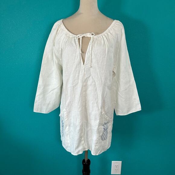 Reformation Martina Pineapple Linen Tunic Dress Pocket TIe Neck Mini Size XL - Picture 2 of 6